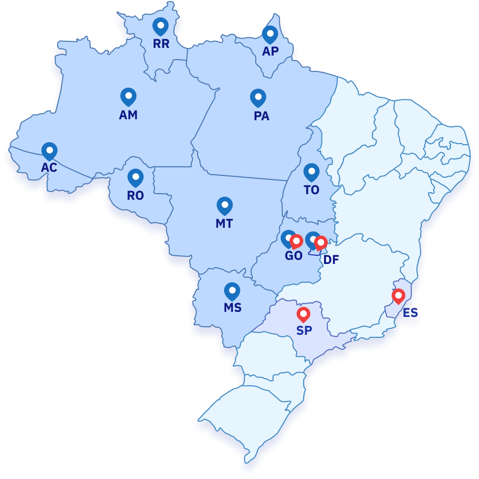 Mapa do Brasil com os vários locais onde a Favorita atua