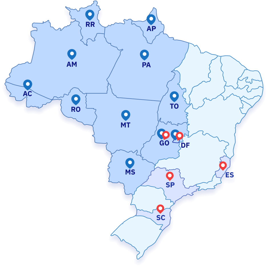 Mapa do Brasil com os vários locais onde a Favorita atua