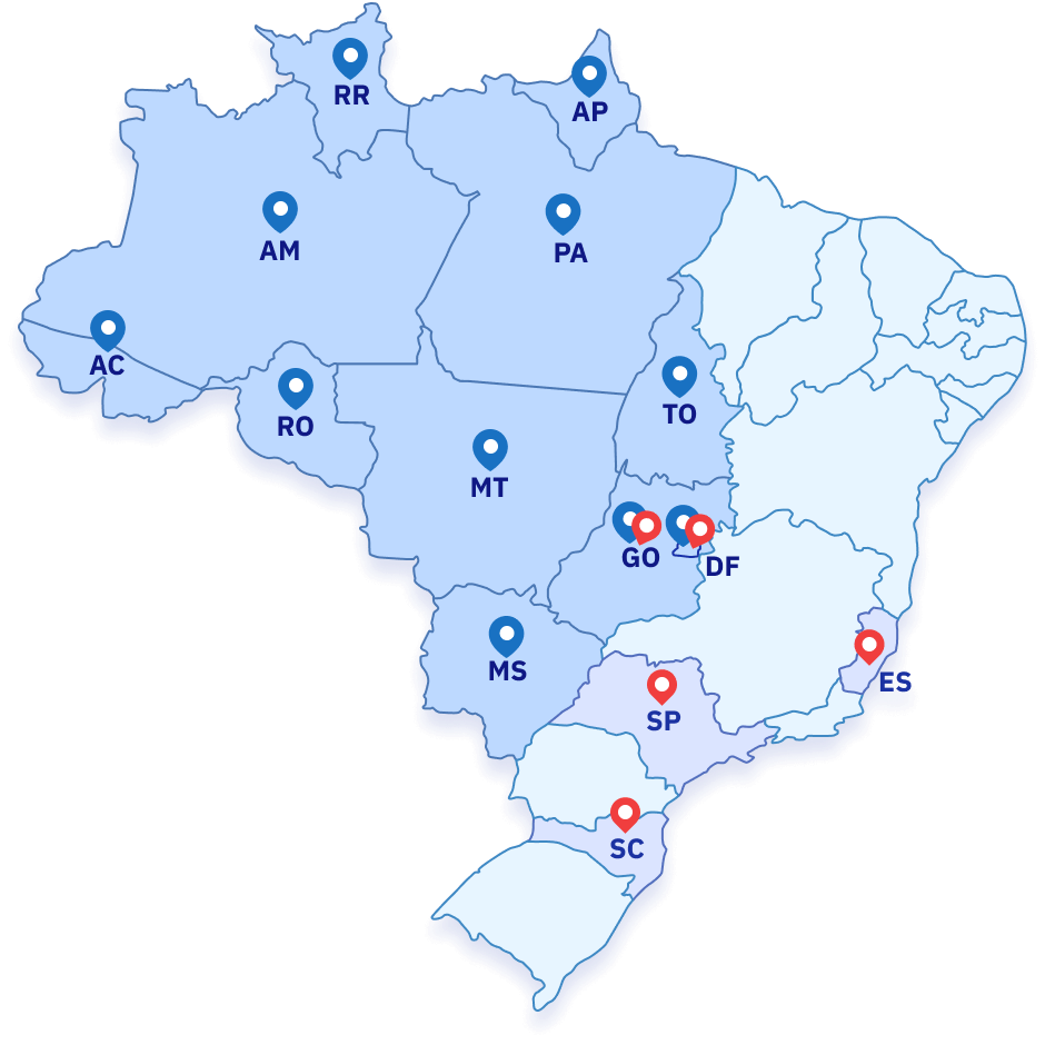 Mapa do Brasil com os vários locais onde a Favorita atua